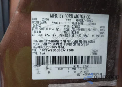 2011 Ford F-250 Xlt from USA, damaged, VIN 1FT7W2B68BEA17368